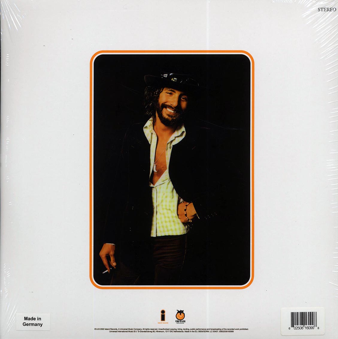 Vinyl record sleeve with a portrait of a person on a white background