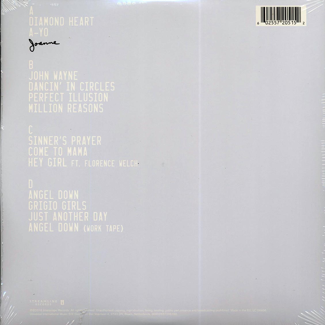 Lady Gaga - Joanne (2LP Deluxe Edition) Vinyl Record Rear
