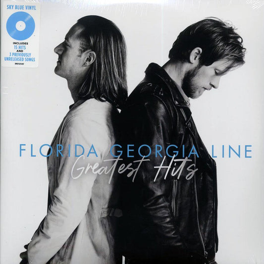 Album cover for 'Greatest Hits' by Florida Georgia Line featuring two people with a vinyl record icon.