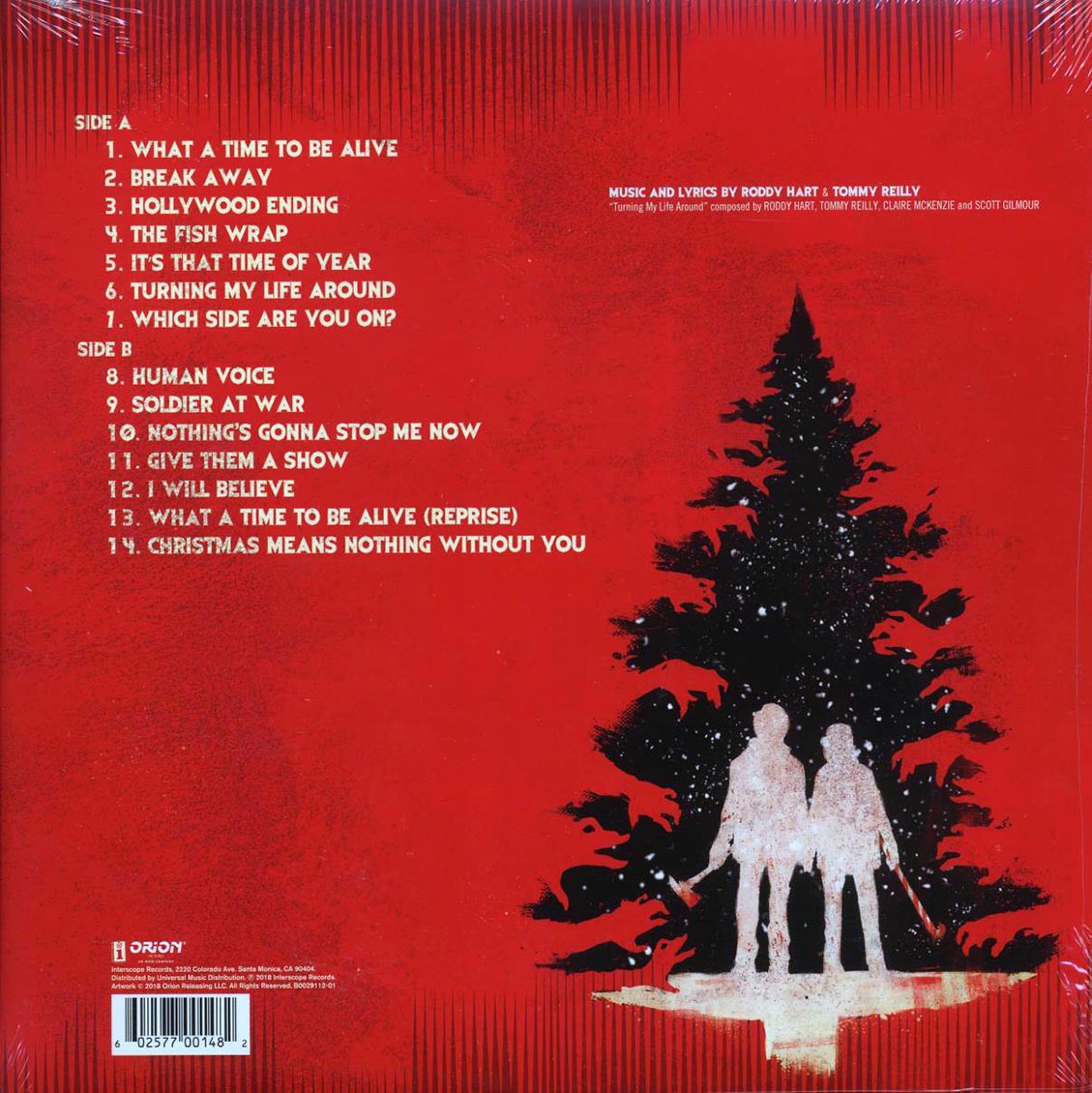 Vinyl record sleeve with tracklist and silhouette of two people under a tree on a red background