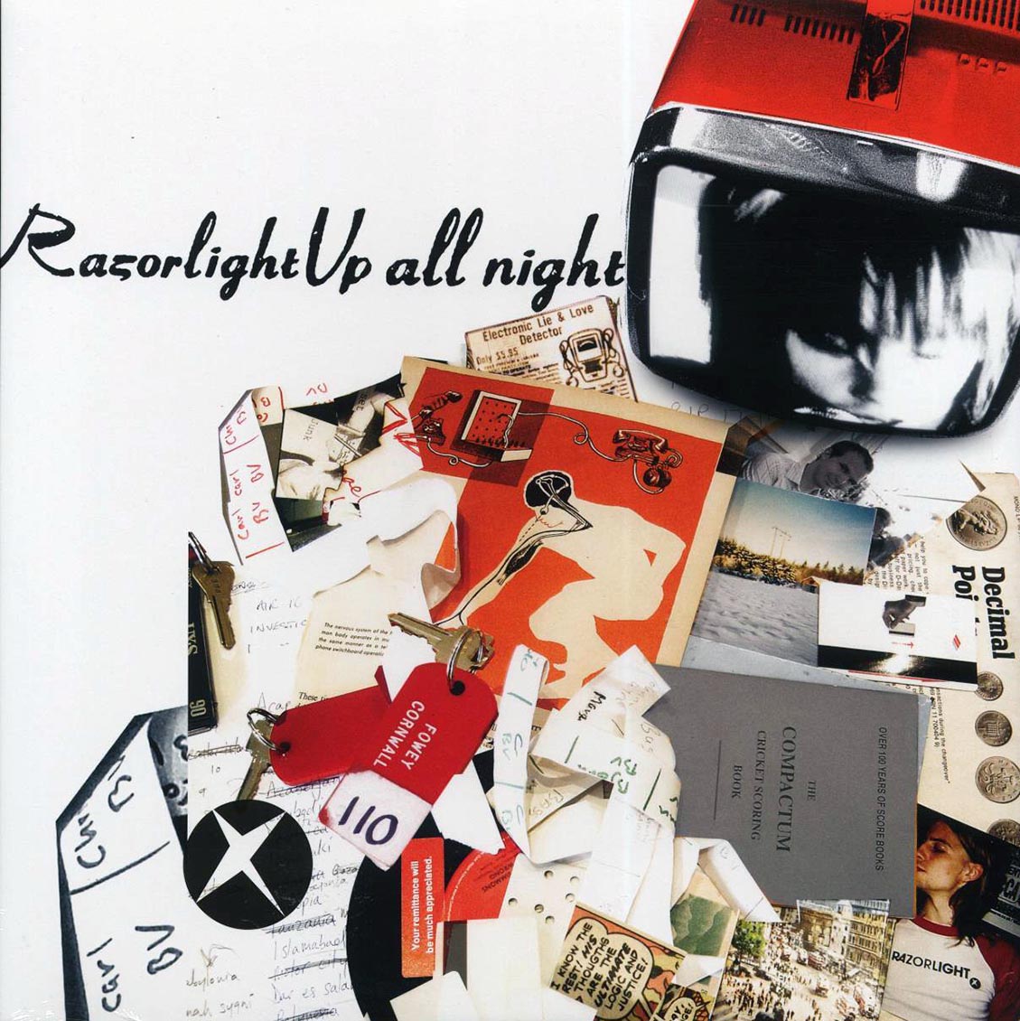 Album cover with collage of vintage items and text 'Razorlight Up all night' on a white background.