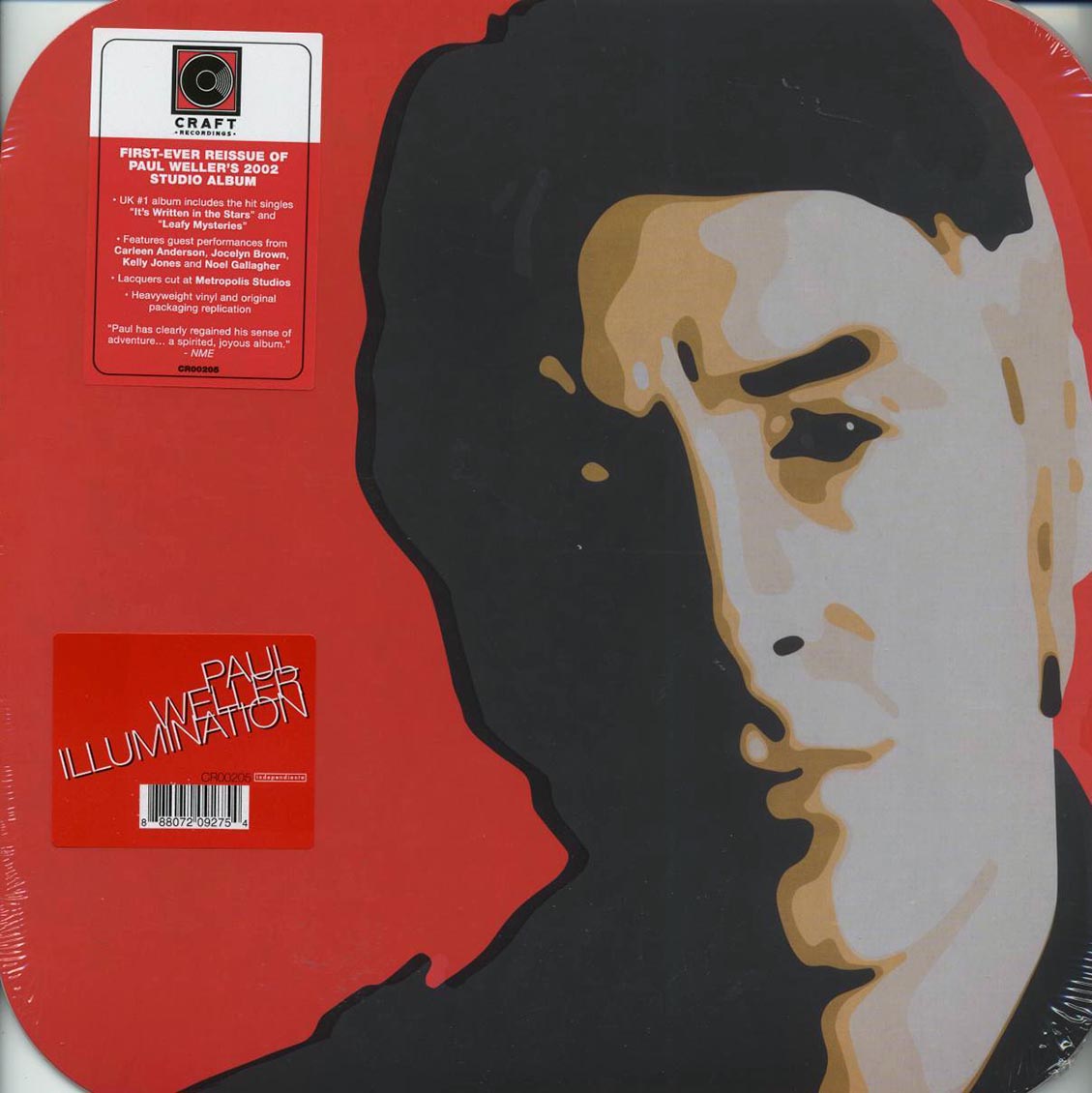 Vinyl record cover with stylized face design on a red background