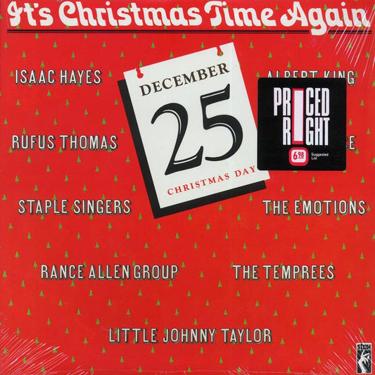 Album cover for 'It's Christmas Time Again' featuring a red background with Christmas tree patterns and a list of artists.