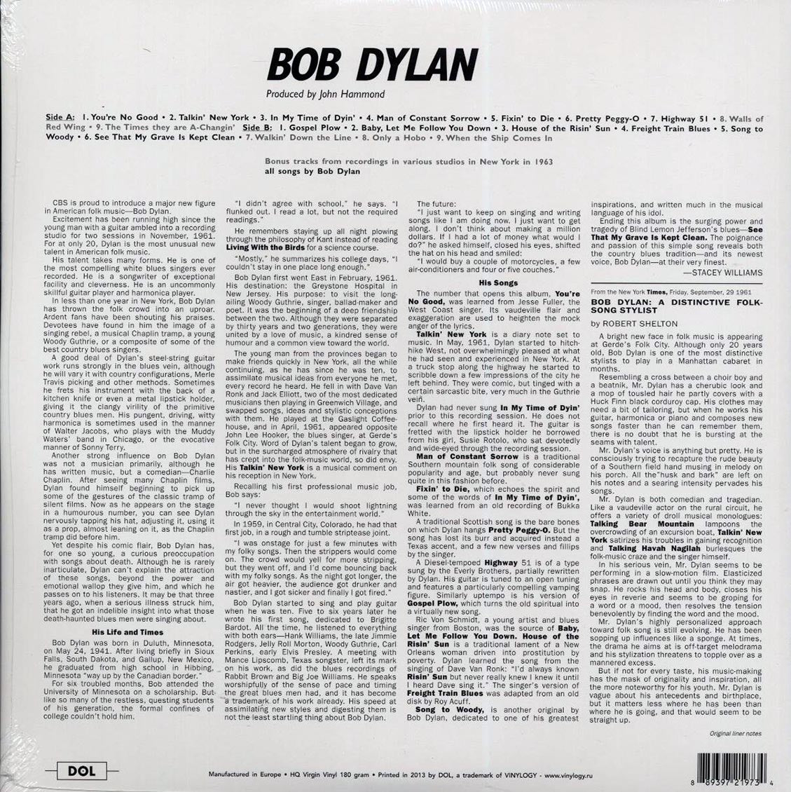 Bob Dylan - Bob Dylan (180g Vinyl LP) rear
