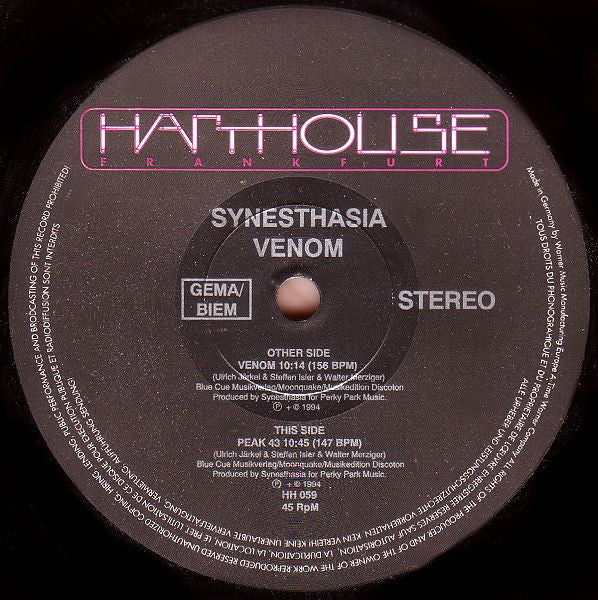 Synesthasia - Venom (12") Vinyl Record (Harthouse) front
