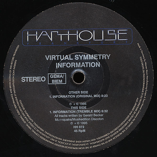Virtual Symmetry - Information 12" Vinyl Record (Harthouse) Label 1