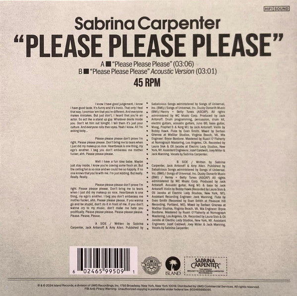 Sabrina Carpenter - Please Please Please (Indie Exclusive) 7" Single rear