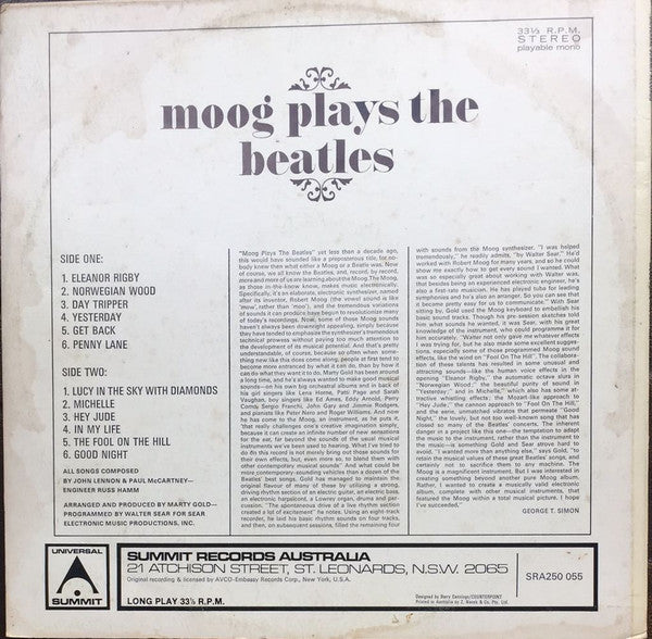Marty Gold - Moog Plays The Beatles (LP) Vinyl Record inner