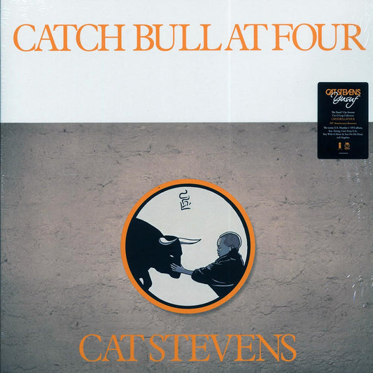 Album cover of 'Catch Bull at Four' by Cat Stevens with a stylized illustration and text.