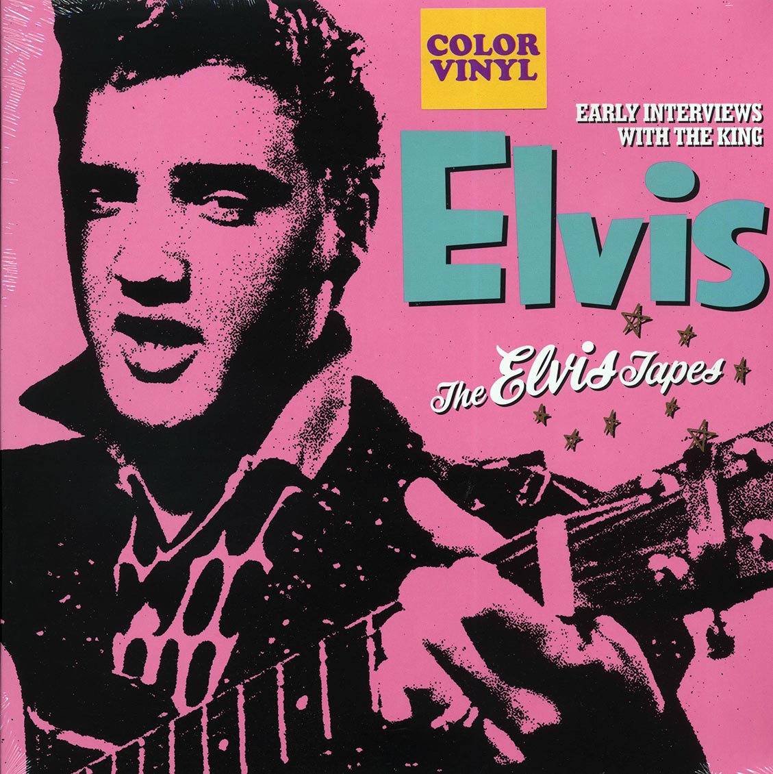Album cover with Elvis Presley holding a guitar on a pink background