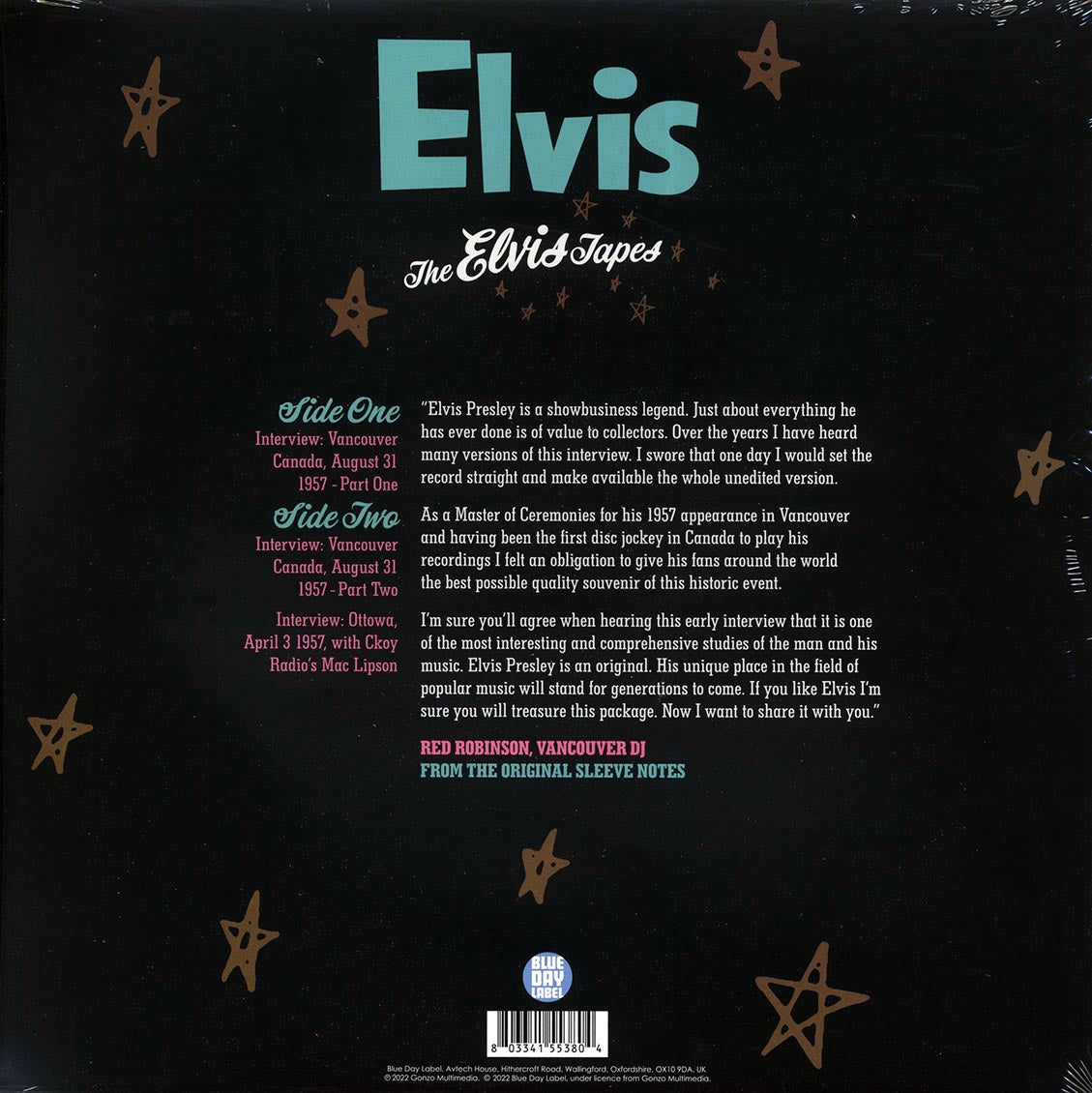 Back cover of a vinyl record with text and star designs, featuring the title 'Elvis The Elvis Tapes'.