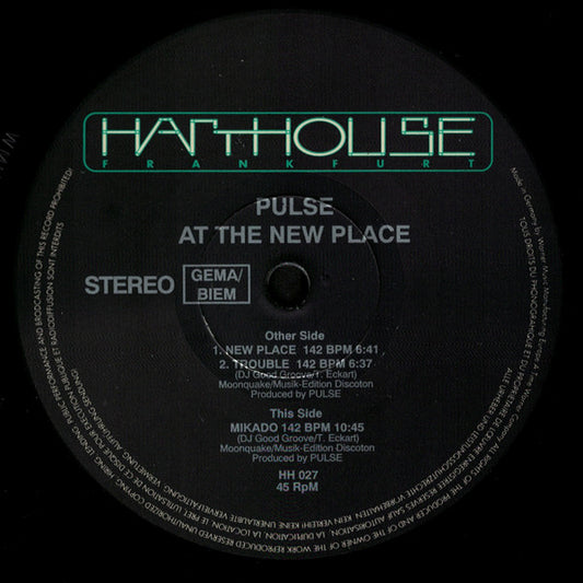 Pulse - At The New Place (12") Vinyl Record (Harthouse) label 1