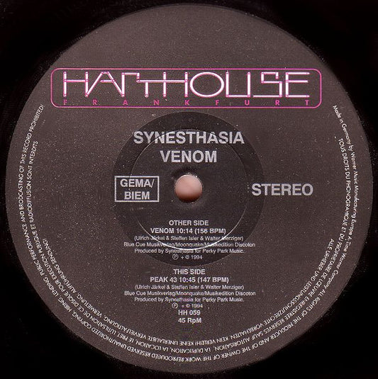 Synesthasia - Venom (12") Vinyl Record (Harthouse) front