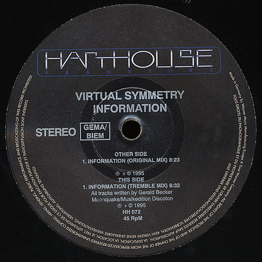 Virtual Symmetry - Information 12" Vinyl Record (Harthouse) Label 1