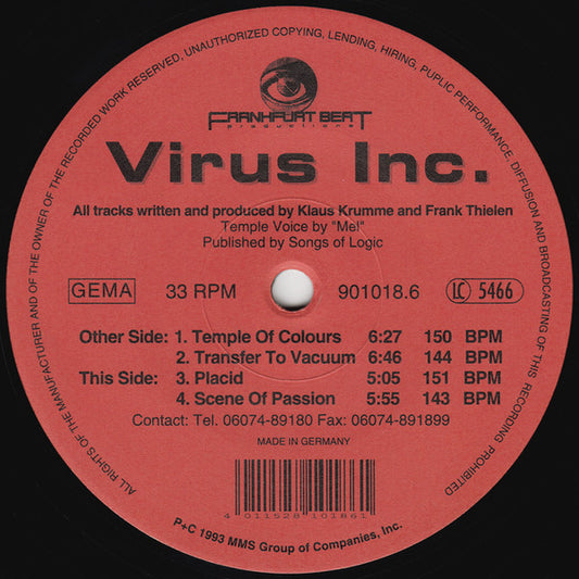 Virus Inc - Temple Of Colours 12" Vinyl Record (Frankfurt Beat Productions) Label 1